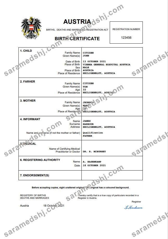 Austria vital record birth certificate Word and PDF template